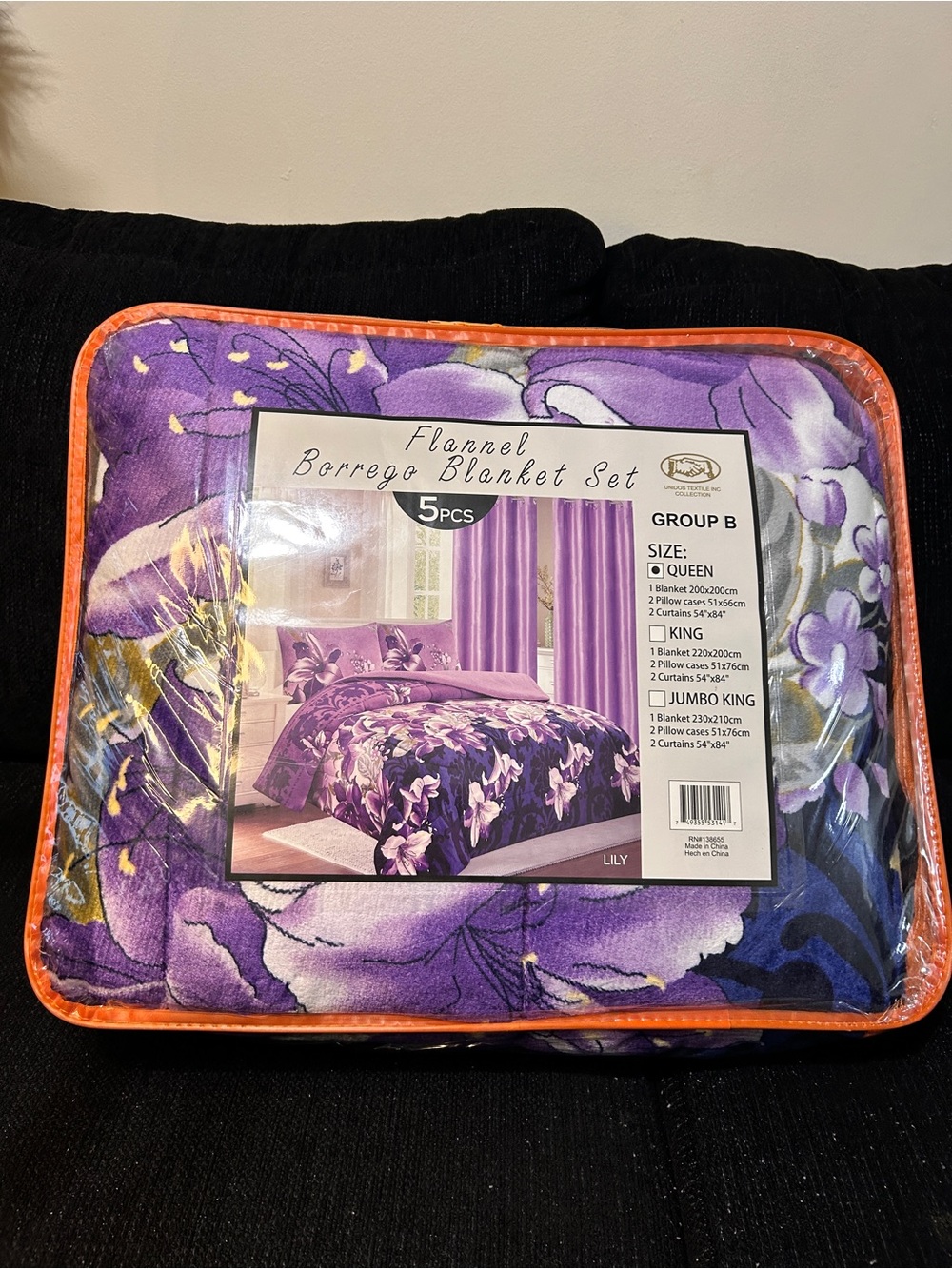 Flannel Borrego Blanket Set - Purple Floral (5PCS)